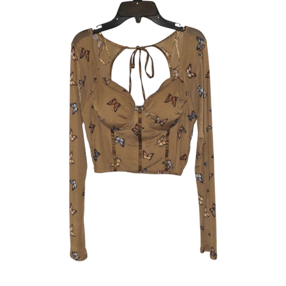 June & Hudson Women's crop top long sleeves Large Butterfly Print Self: 95%